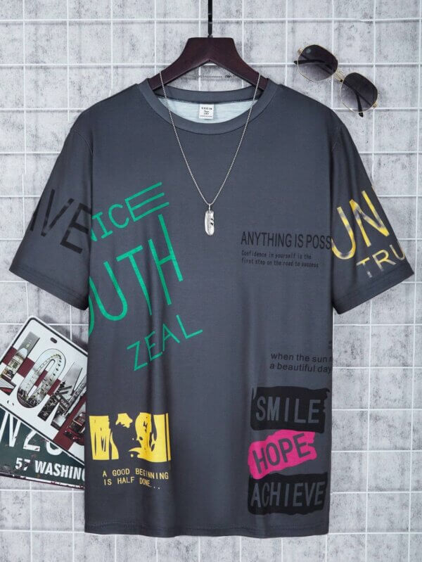 Camiseta de cuello redondo con estampado de letras de grafiti